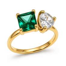 1pc Elegant Alloy Gold 5A Zirconia Green Square White Round Stone Ring, Unisex Anniversary Jewelry (Ring Box Not Included) - Gold - View 2