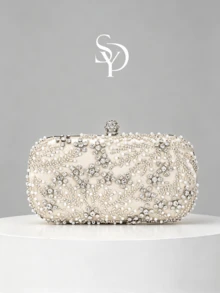 1pc Apricot Handmade Beaded Evening Clutch, Pearl & Rhinestone With Embroidered Floral Pattern, Ball-Shaped Rhinestone Clasp Design, Detachable Chain, Wedding Party Gala Dress Accessory Clutch Bag - Apricot - View 1