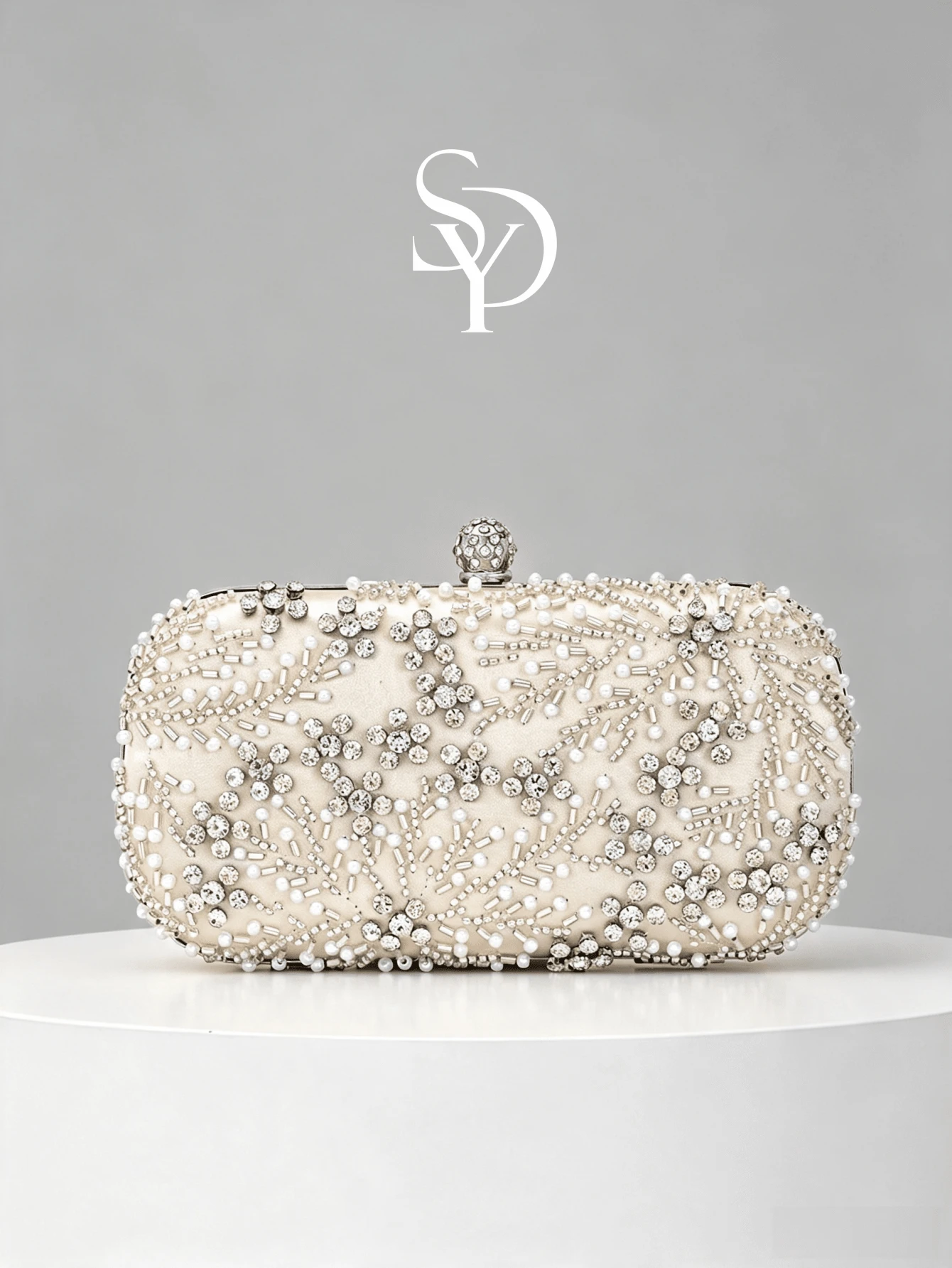 1pc Apricot Handmade Beaded Evening Clutch, Pearl & Rhinestone With Embroidered Floral Pattern, Ball-Shaped Rhinestone Clasp Design, Detachable Chain, Wedding Party Gala Dress Accessory Clutch Bag - Apricot - View 1