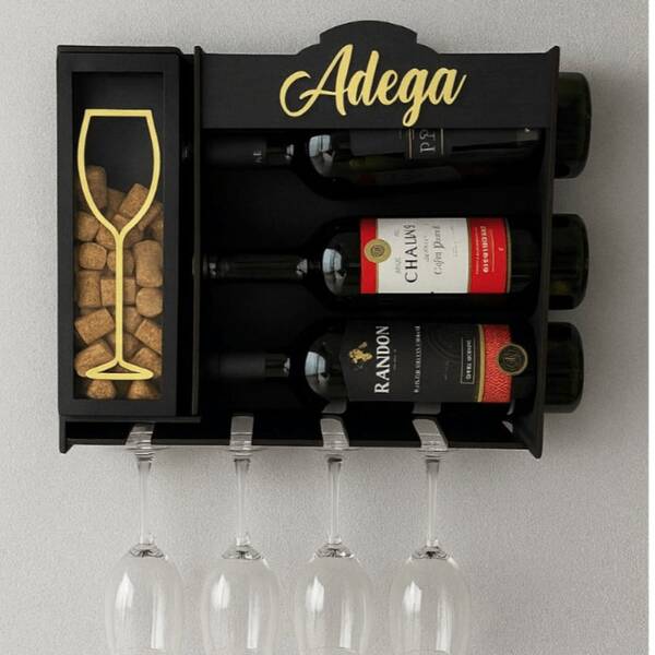 Adega De Parede Barzinho Com Suporte Para Rolhas Em Mdf  Decoração Porta Taças e Vinhos Vidros