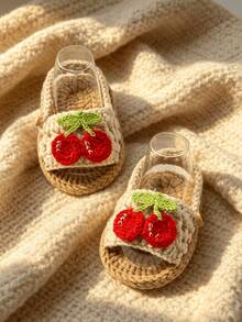 1 Pair Handmade Crochet Infant Sandals With Cherry Applique, White And Tan, Infant Summer Shoes - Beige - View 4