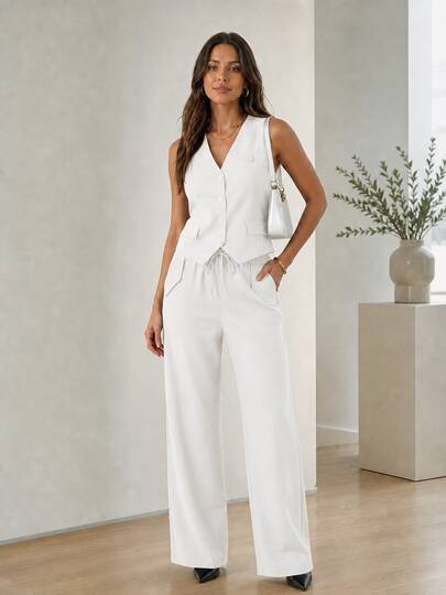 ✨2+ Peças = 1 Pente de Brinde✨A&DD MODA, REF: AS1870 - Conjunto feminino de regata slim fit e calça pantalona, ​​um conjunto confortável, simples e casual. Primavera e Verão