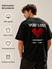 Camiseta de hombre, estampada, de manga corta, cuello redondo, corte holgado, estilo informal, adecuada para el uso diario - Negro - Ver 3