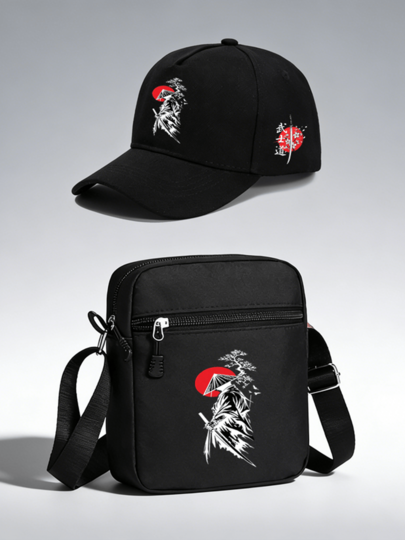 1pc/2pcs Bushido Sakura Pattern Design Printed Unisex Curved Brim Baseball Cap And Crossbody Bag, Street Fashion Outdoor Sports Baseball Cap And Bag, Adjustable, Gift For Yourself Or Friends