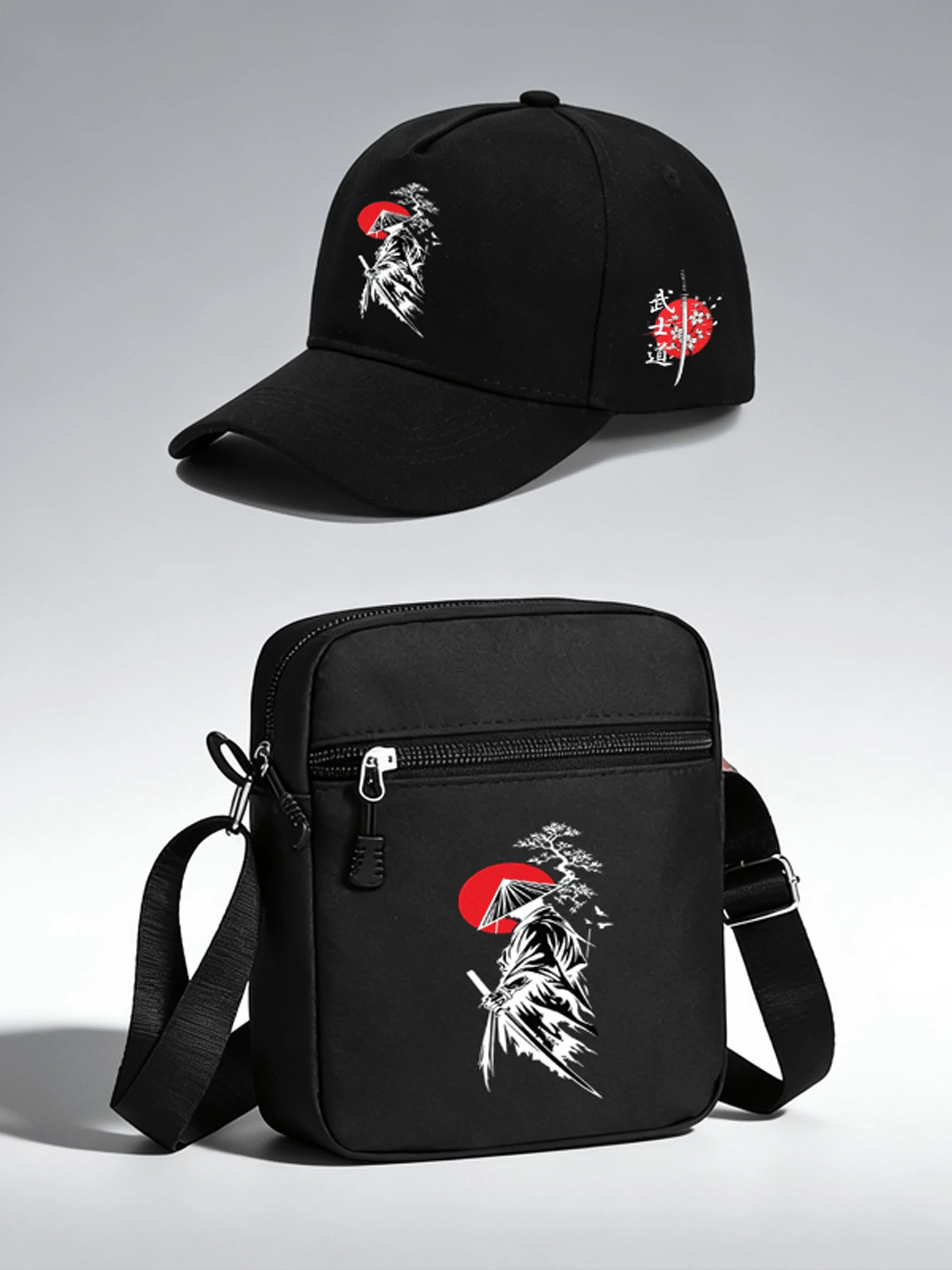 1pc/2pcs Bushido Sakura Pattern Design Printed Unisex Curved Brim Baseball Cap And Crossbody Bag, Street Fashion Outdoor Sports Baseball Cap And Bag, Adjustable, Gift For Yourself Or Friends - Multicolor - View 1