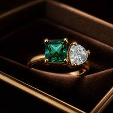 1pc Elegant Alloy Gold 5A Zirconia Green Square White Round Stone Ring, Unisex Anniversary Jewelry (Ring Box Not Included) - Gold - View 7