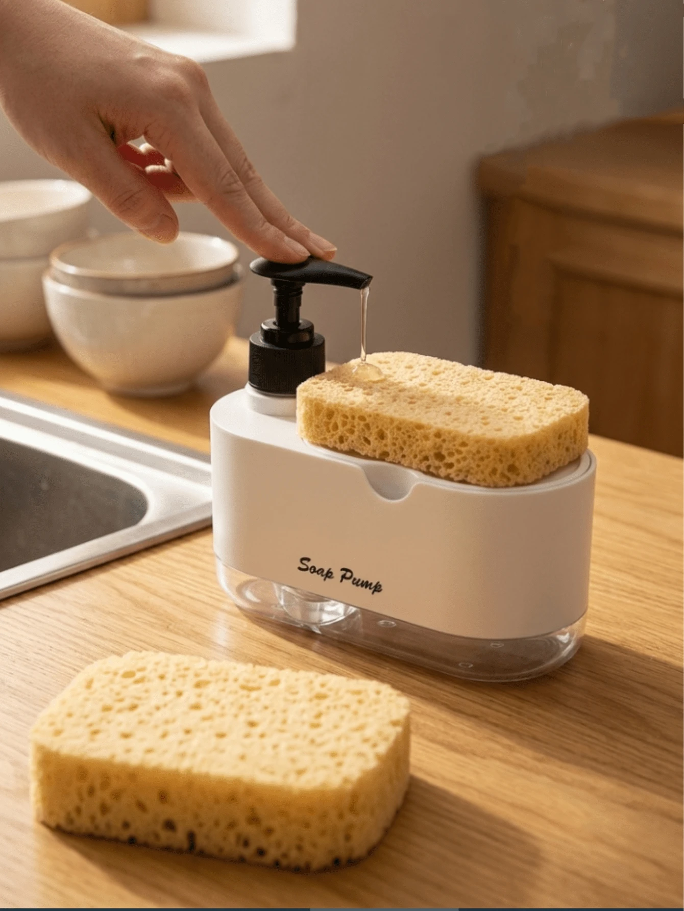 2-In-1 Soap Dispenser And Sponge Holder, Kitchen Dish Soap Pump Bottle, Kitchen And Bathroom Multi-Function Cleaning Supplies Storage Rack