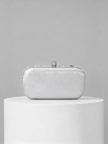 1pc Silver Beaded Evening Clutch, Silver White Pearl Rhinestone Woven Pattern, Spherical Full Rhinestone Lock, Hard Shell Box Body, With Detachable Chain, Evening Party Wedding Dress Matching Clutch - Silver - View 7