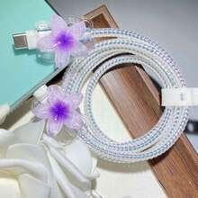 1 Set TPU Flower Data Cable Protector, Protects Data Cable, Made Of Durable ABS Material - Compatible With Apple 18W/20W Charger, Protects Charging Phone Cable From Damage - Purple Plumeria - View 4