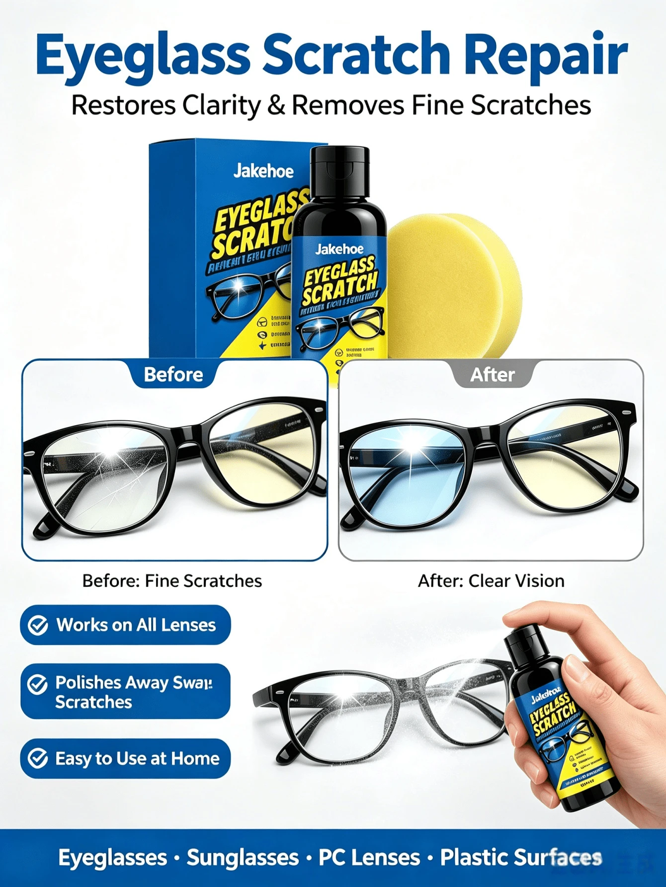 Eyeglass Scratch Repair Polishing Wax, Lens Scratch Removal Paste, Restore Clear Vision, Gentle Polishing Wax With Sponge Suitable For All Optical Lenses