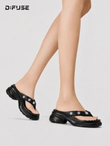 D:FUSE Women's Crystal Floral Decor Thin Strap Open Toe Slip-On Platform Sandals, Sweet Style, Comfortable For Summer Daily Beach Vacation Wedding, Black Genuine Leather - Black - View 7