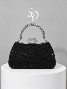 1pc Luxury Black Rhinestone Evening Clutch Bag, Elegant Rhinestone Handle With Crown Lock Design, Exquisite Heavy Rhinestone Craftsmanship, Handheld Or Chain Crossbody, Suitable For Banquet, Wedding, Party, High-End Dress Matching Clutch - Black - View 1