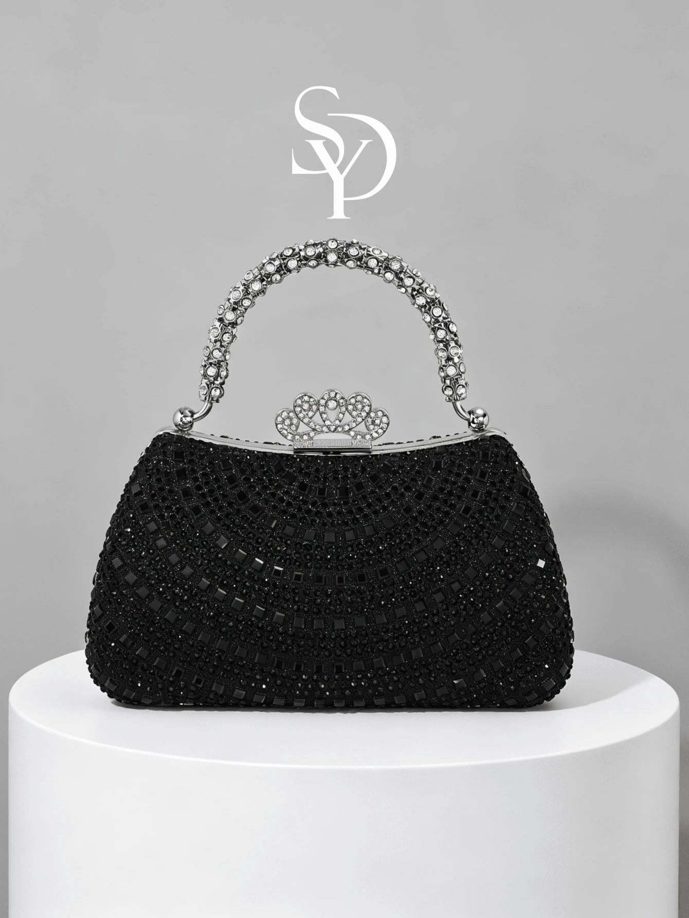 1pc Luxury Black Rhinestone Evening Clutch Bag, Elegant Rhinestone Handle With Crown Lock Design, Exquisite Heavy Rhinestone Craftsmanship, Handheld Or Chain Crossbody, Suitable For Banquet, Wedding, Party, High-End Dress Matching Clutch - Black - View 1
