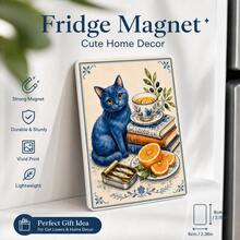 Vintage Blue Cat Fridge Magnet, Cute Aesthetic Kitchen Decor, Book & Tea Motif, Strong Magnetic Refrigerator Sticker For Cat Lovers, Unique Housewarming Gift - 1PC - View 2