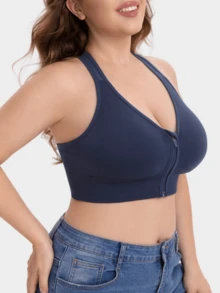 1pc Women's Plus Size Solid Color Front Zipper Sports Bra, Removable Padding Fitness Yoga Backless Tank Top - Navy Blue - View 4