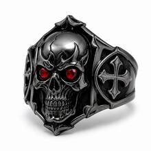 1pc Skull Cross Ring, Unisex Gothic Style Red Eye Skull Ring, Vintage Cross Pattern, Halloween Cosplay Streetwear Party Accessory Gift - Gun Black - View 3