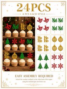 24PCS Gold Glitter Xmas Cake Toppers, Christmas Cupcake Picks In 6 Festive Designs, Holiday Party Dessert & Baking Decorations - Style a - View 8