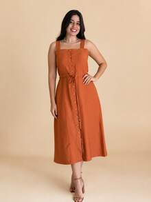 Vestido Midi Plus Size Feminino Lyocell com Botões Frontais, Amarração na Cintura e Bolsos Laterais - terracota - Visão 3