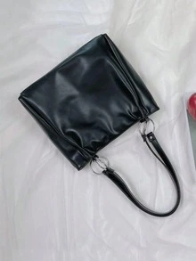 女款優雅時尚極簡復古托特包，大容量單肩手提包，通勤秋冬百搭PU大包 - 黑色 - 查看 5