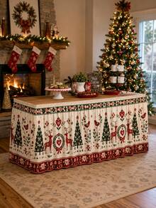 1pc Christmas Reindeer Christmas Tree Table Skirt, Nordic Country Style Polyester Red & Green Folk Floral Print Rectangular Buffet Dessert Table Cover, Suitable For Christmas Dinner, Holiday Party, New Year Home Decor - Multicolor - View 6