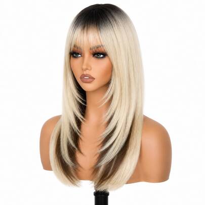 Wig With Bangs For Women Ash Blonde With Black Highlights-Dark Roots Straight Face-Framing Layers Hairstyle 4x4 Realistic Scalp Glueless Synthetic Wigs For Everyday Use