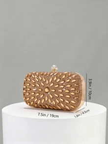 1pc Gold Full Rhinestone Hard Shell Evening Clutch, Horse Eye Rhinestone Radial Pattern, Spherical Rhinestone Bead Lock, Heavy-Duty Rhinestone Craft, With Detachable Chain, Suitable For Wedding, Banquet, Party, Dress Matching - Gold - View 3