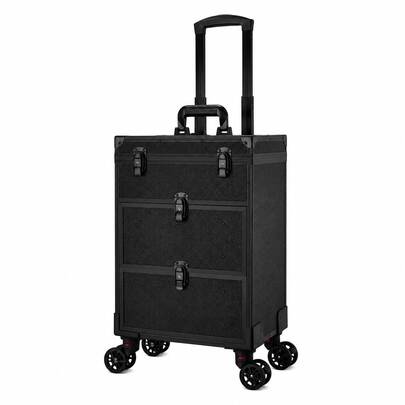 Professional 3 In 1 Rolling Makeup Case Cosmetology Case On Wheels 2 Large Drawer Nail Case Trolley Traveling Cosmetic Train Case With Makeup Pouch For Artists Nail Technician Salon Cart Trunk Black