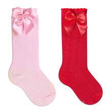 Girls' 3/4 Knee-High Party Socks With Satin Bow, 16-33, For Baptism, Wedding, Flower Girl, Social, Dance, Events, Elegant, School - 紅色與粉紅色 - 查看 13