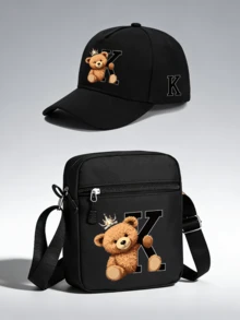 1pc/2pcs Crown Bear Personalized Pattern Design Printed Unisex Curved Brim Baseball Cap And Crossbody Bag, Street Fashion Outdoor Sports Baseball Cap And Bag, Adjustable, Gift For Yourself Or Friends - Multicolor - View 1