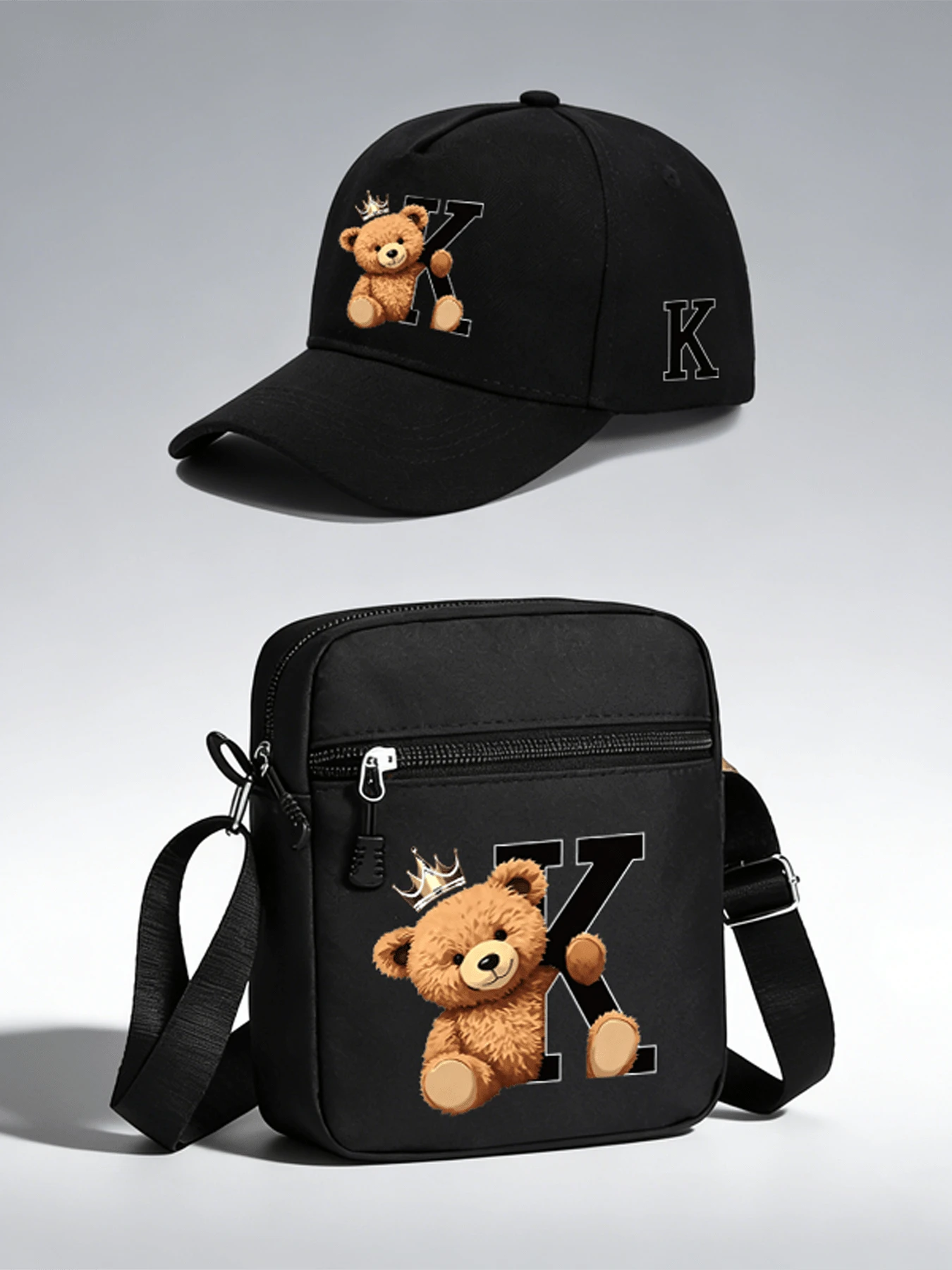 1pc/2pcs Crown Bear Personalized Pattern Design Printed Unisex Curved Brim Baseball Cap And Crossbody Bag, Street Fashion Outdoor Sports Baseball Cap And Bag, Adjustable, Gift For Yourself Or Friends - Multicolor - View 1
