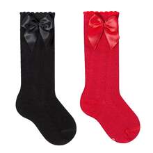 Girls' 3/4 Knee-High Party Socks With Satin Bow, 16-33, For Baptism, Wedding, Flower Girl, Social, Dance, Events, Elegant, School - 紅黑配色 - 查看 1