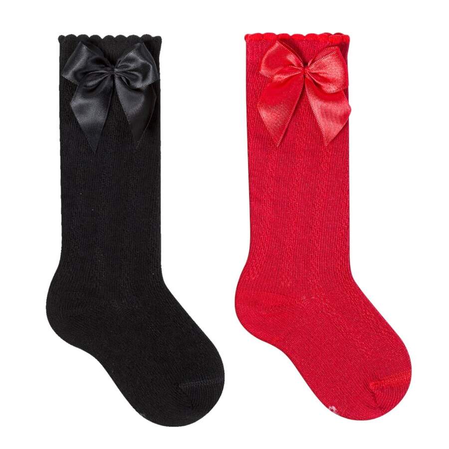 Girls' 3/4 Knee-High Party Socks With Satin Bow, 16-33, For Baptism, Wedding, Flower Girl, Social, Dance, Events, Elegant, School - 紅黑配色 - 查看 1