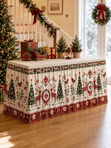 1pc Christmas Reindeer Christmas Tree Table Skirt, Nordic Country Style Polyester Red & Green Folk Floral Print Rectangular Buffet Dessert Table Cover, Suitable For Christmas Dinner, Holiday Party, New Year Home Decor - Multicolor - View 9