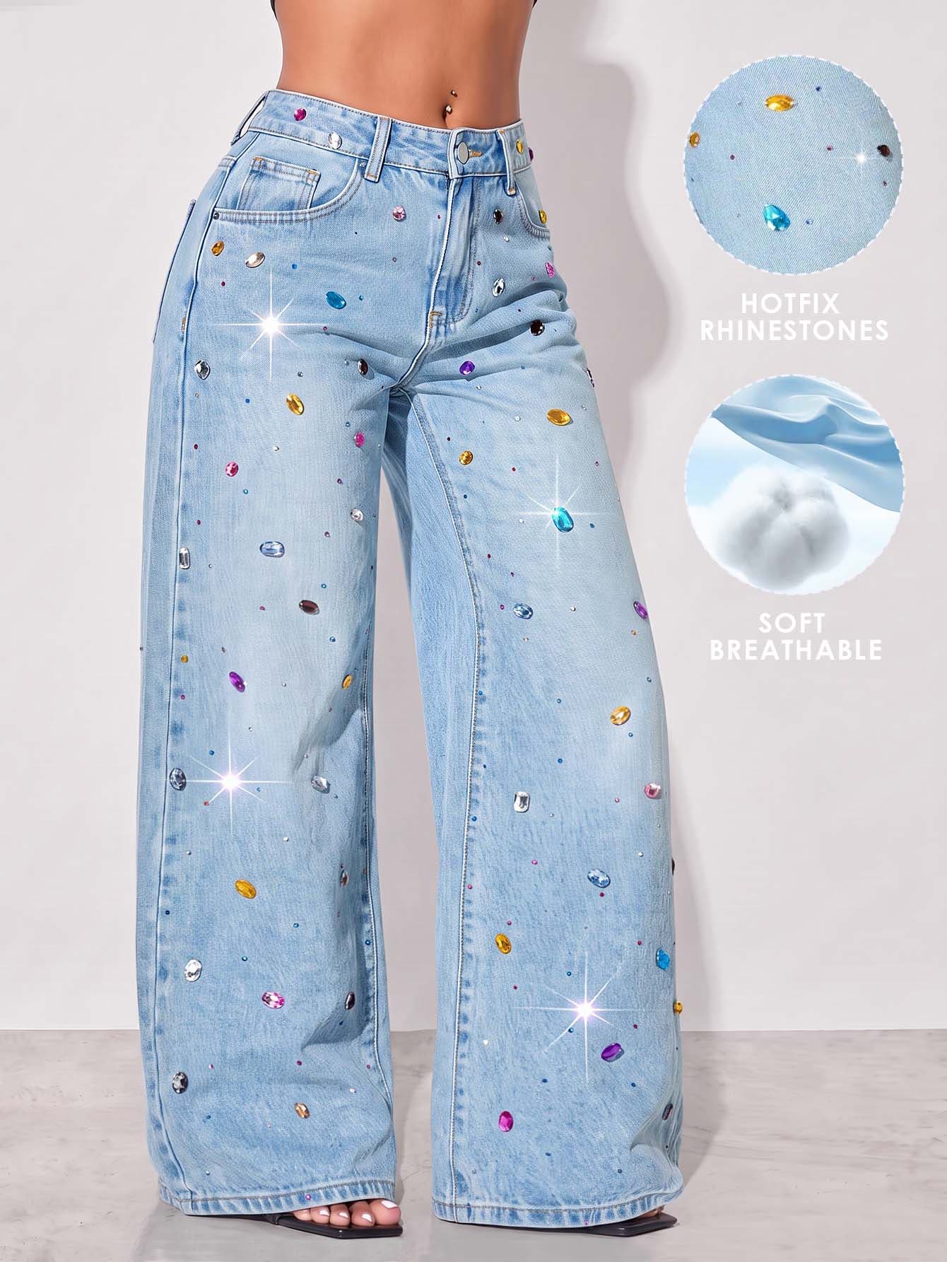 Pearl Decor Low Waist Wide Leg Casual Blue Jeans With Slant Pockets For Women Spring Fall - Blue - View 1