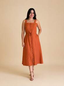 Vestido Midi Plus Size Feminino Lyocell com Botões Frontais, Amarração na Cintura e Bolsos Laterais - terracota - Visão 2