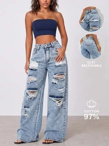 Women's American Street Style Personalized Distressed Straight Leg Jeans Casual Spring Fall - Royal Blue - View 2