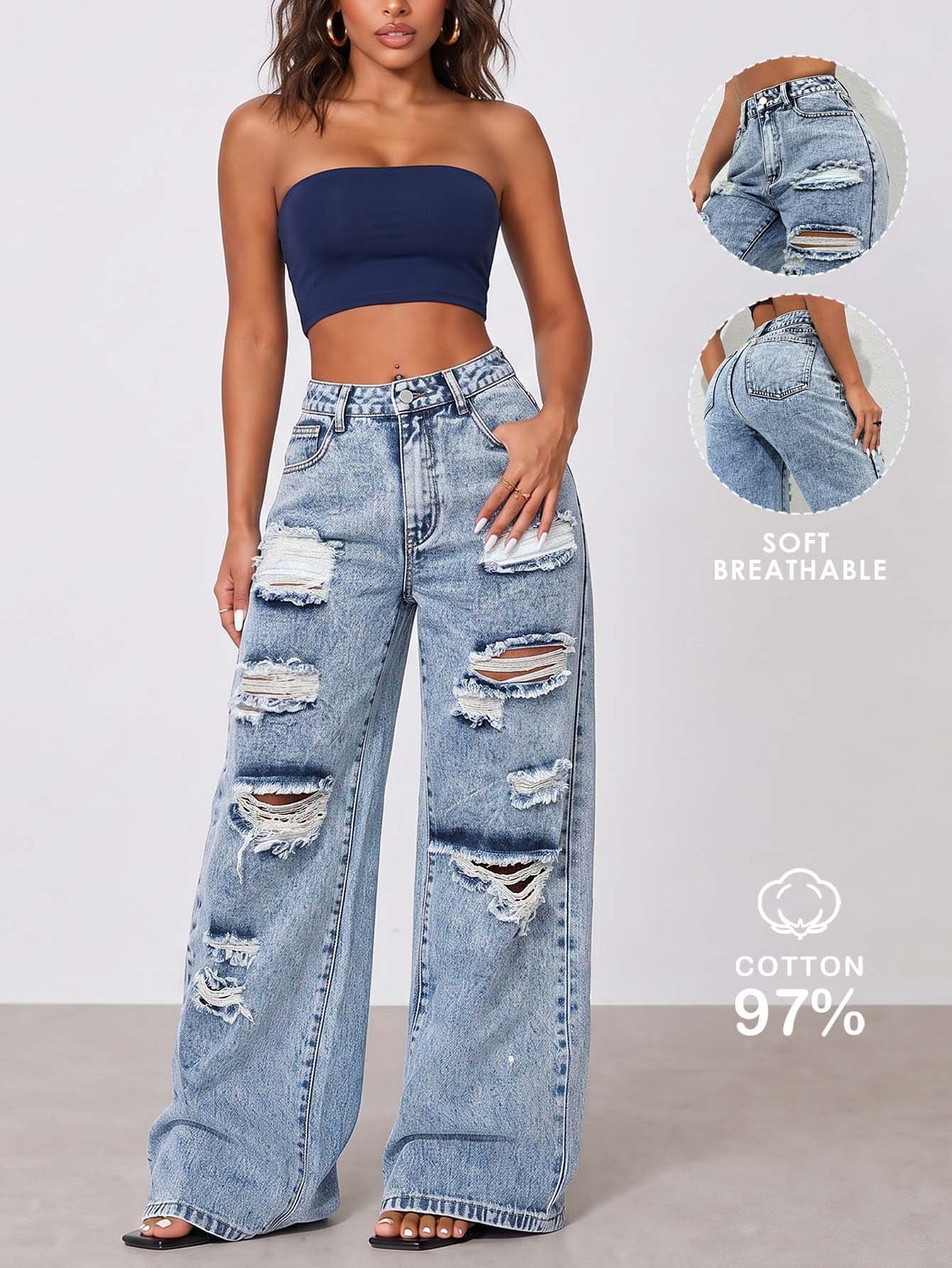 Women's American Street Style Personalized Distressed Straight Leg Jeans Casual Spring Fall