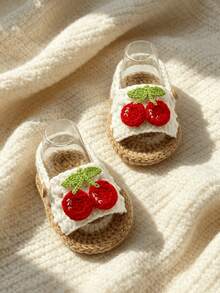 1 Pair Handmade Crochet Infant Sandals With Cherry Applique, White And Tan, Infant Summer Shoes - White - View 3