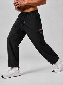 Men's Straight Leg Cargo Pants, Loose Fit With Drawstring Waist, Streetwear Style Sports Black - Black - View 2