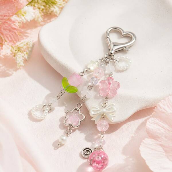 1pc Alloy Heart-Shaped Buckle Pink Strawberry Flower Bow Beaded Bag Charm Keychain, Gift For Women And Girls, Suitable For Back To School, Halloween, Thanksgiving, Christmas