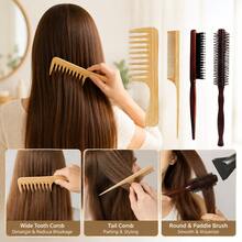 4pcs Wooden Hair Comb Set, Bamboo Wide Tooth Comb, Rat Tail Comb, Solid Wood Triple Row Bristle Brush, Wooden Round Styling Comb, Suitable For Daily Hair Styling - Apricot - View 2