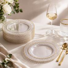 25/50‑Pack Hammered‑Textured Clear Plates With Double Gold Rim, 10.25" & 7.5", Crystal‑Finish Tableware. Ideal Plates For Halloween, Christmas, Easter, Valentine's Day And New Year Parties, Great For Hosts And Home Cooks, Perfect Festive Table Decor. - Transparent - View 2