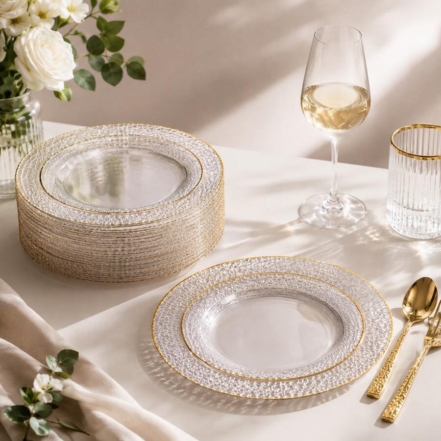 25/50‑Pack Hammered‑Textured Clear Plates With Double Gold Rim, 10.25" & 7.5", Crystal‑Finish Tableware. Ideal Plates For Halloween, Christmas, Easter, Valentine's Day And New Year Parties, Great For Hosts And Home Cooks, Perfect Festive Table Decor.