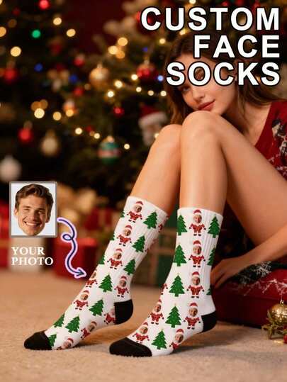 1 par de calcetines de media caña unisex personalizados con estampado de cara, tela de punto blanca y negra, diseño personalizado, estilo navideño