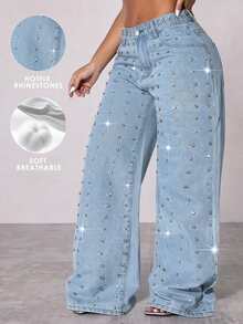 Custom Beaded Decor Low Waist Wide Leg Casual Blue Distressed Slant Pocket Curved Women Jeans, Autumn Apparel Fall - Baby Blue - View 1