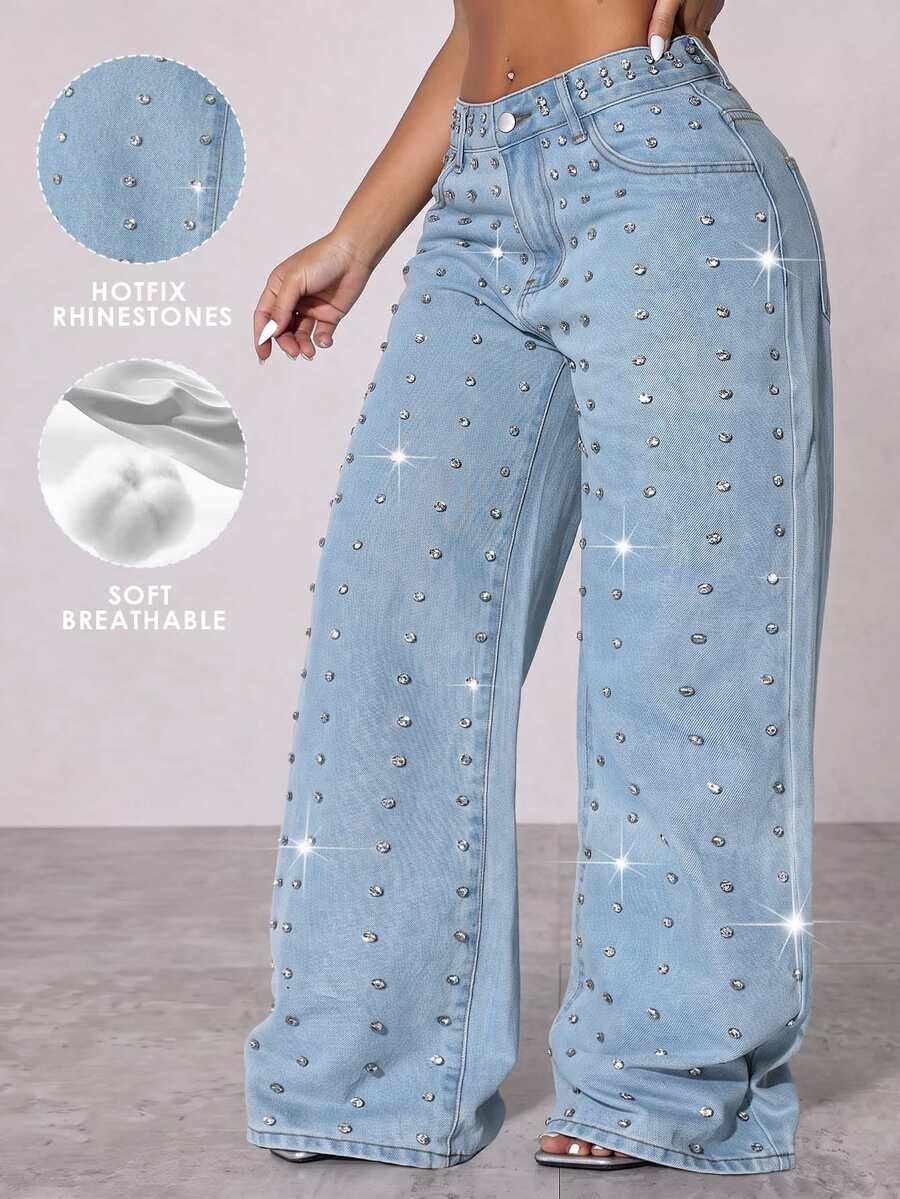 Custom Beaded Decor Low Waist Wide Leg Casual Blue Distressed Slant Pocket Curved Women Jeans, Autumn Apparel Fall - Baby Blue - View 1