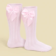 Girls' 3/4 Knee-High Party Socks With Satin Bow, 16-33, For Baptism, Wedding, Flower Girl, Social, Dance, Events, Elegant, School - 白色,粉色和紅色 - 查看 6