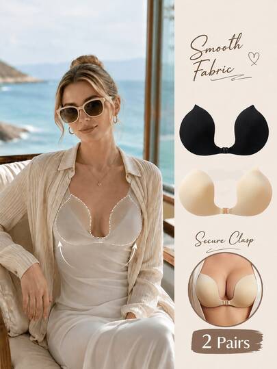 1pc Invisible Lightweight Fox Tail Design Cup, Front-Clasp Adhesive Invisible Top, Self-Adhesive Design, Suitable For Women's Daily Wear, Evening Gowns, Bridal Wear, Parties, Final Dances, Dates And Everyday Outfits, Fashionable And Slimming. Invisible Deep V-Neck Seamless Black Strap Bra, Front-Clasp Design, Suitable For Deep V-Neck Backless Dresses, Daily Wear And Date Occasions.