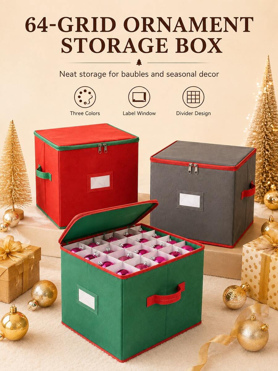 Christmas Decoration Storage Box - 64 Compartment Holiday Ball Storage Box, Equipped With Double Zipper Top Cover, Reinforced Handles And Transparent Label Slots, Durable Non-Woven Fabric Material, For Storing Christmas Tree Decorations - Multicolor - View 1