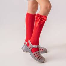 Girls' 3/4 Knee-High Party Socks With Satin Bow, 16-33, For Baptism, Wedding, Flower Girl, Social, Dance, Events, Elegant, School - 白色,粉色和紅色 - 查看 8
